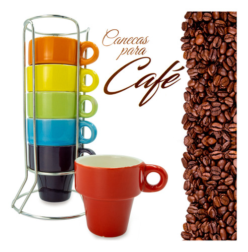 Jogo 6 Xícaras Café Chá Cappuccino Kit Cerâmica Suporte Inox